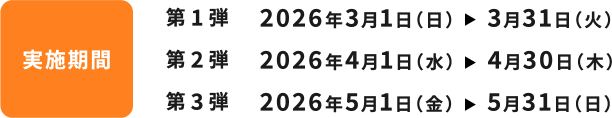実施期間 第1弾 2026年3月1日（日）～3月31日（火） 第2弾 2025年4月1日（水）～4月30日（木） 第3弾 2025年5月1日（金）～5月31日（日）